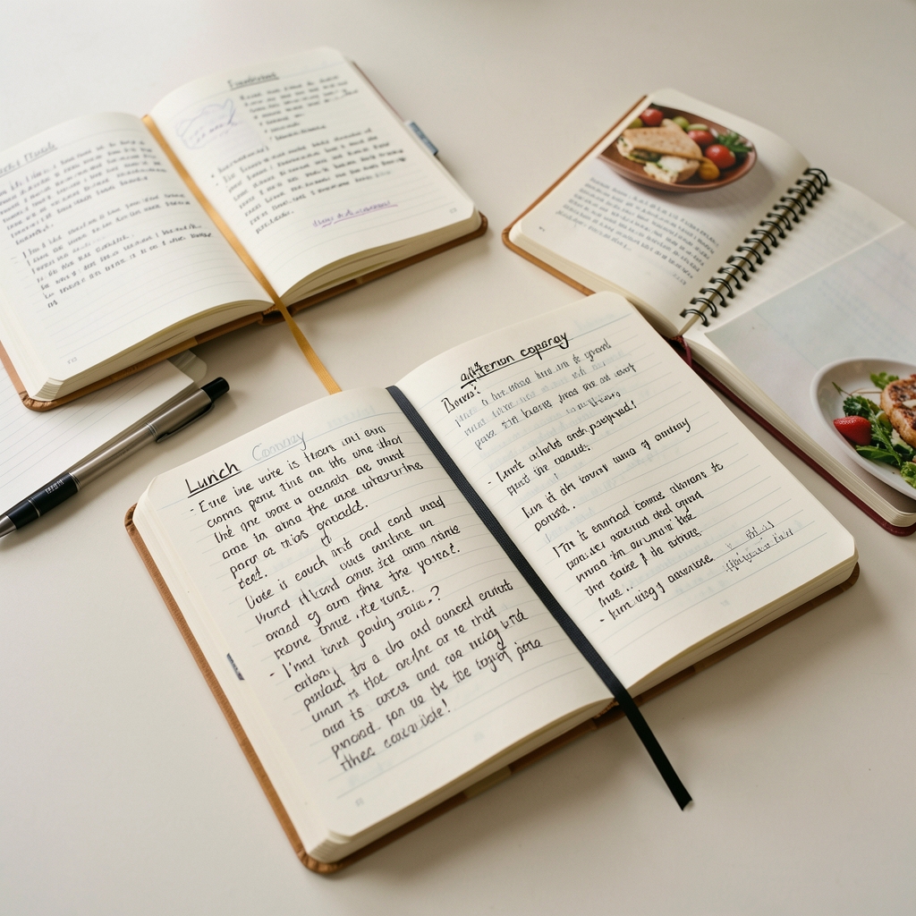 A collection of open food journals and notebooks arranged on a pale surface, with handwritten notes about lunch composition and afternoon energy observations
