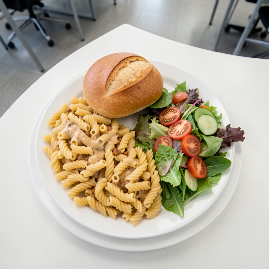 Overhead view of a densely filled lunch plate with pasta, bread roll, and salad on a white surface in office cafeteria setting