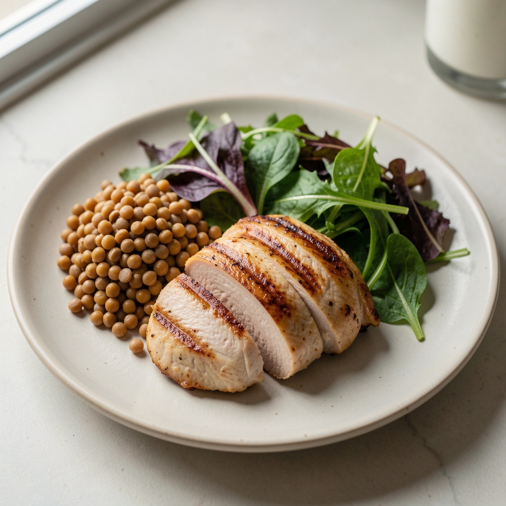 Close-up of a balanced lunch plate with grilled chicken, lentils, and seasonal greens on a pale ceramic surface in natural light