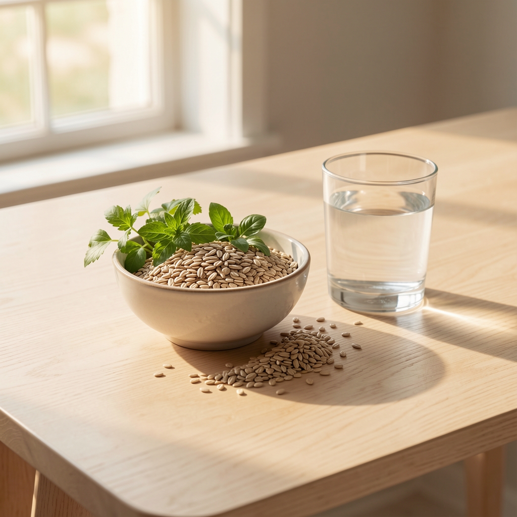 Pale wooden desk surface with a small bowl of mixed whole grains, fresh herbs, and a glass of water in afternoon window light